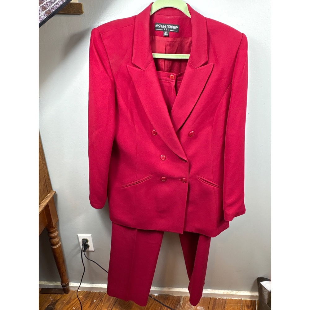 Vtg Kasper ASL Red Power Suit Womens 16 2 Pc‎ Pant Suit Double Breasted Blazer